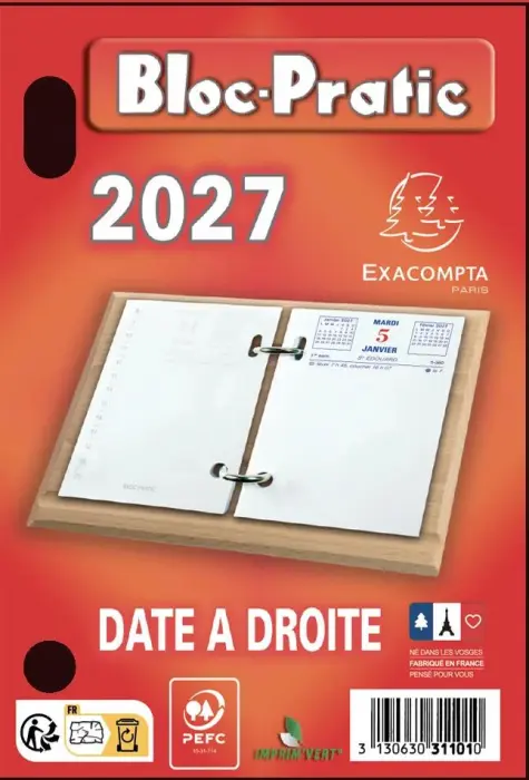 Bloc-pratic date à droite 8,2 x 12 cm - 2027 - Rouge