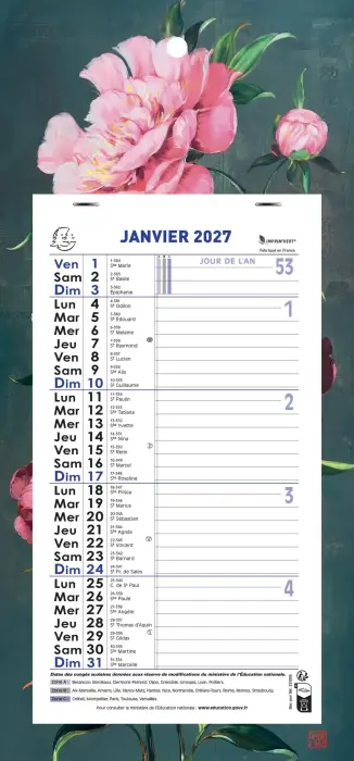 Calendrier mensuel Sophie Adde 15,5 x 28,5 cm sur support plaque imprimée 19 x 41 cm 2027 Fleurs - Visuels assortis