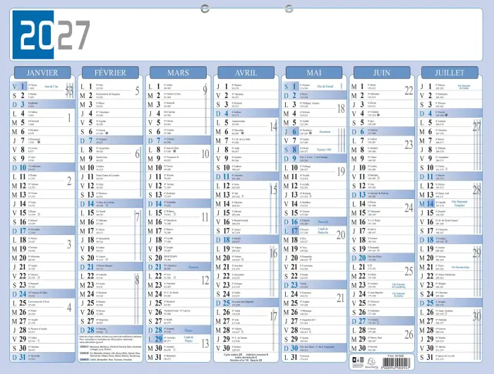 Calendrier Bicolore 53 x 40,5 cm Semestriel 2027 - Gris/Bleu