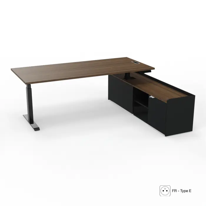 Axel 2 bureau direction L.200 x P. 90 cm mélamine noyer brun Electrification intégrée FR Type E avec meuble mélamine Noir/mélamine noyer brun 1 porte + 2 niches à droite piètements métal lisse noir