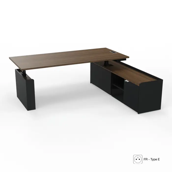 Axel 2 bureau direction L.200 x P. 90 cm mélamine noyer brun Electrification intégrée FR type E avec meuble mélamine Noir/mélamine noyer brun 1 porte + 2 niches à droite piètements métal lisse noir+carter
