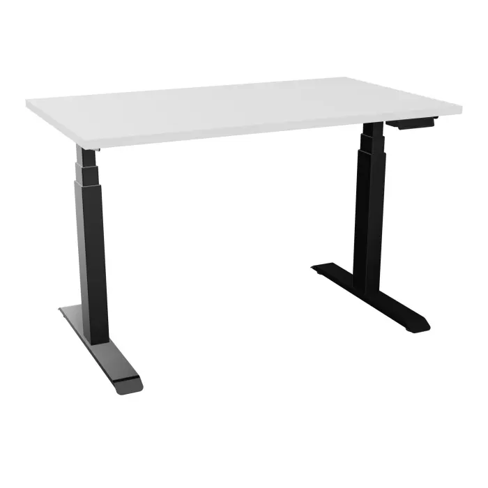 Bureau rectangulaire ERIN L. 120 x P. 70 cm x Ep 25 mm mélamine blanc neige piètements I motorisés réglables en haut avec boîtier de cde memoires de position + USB A+C finition métal lisse noir - version EU