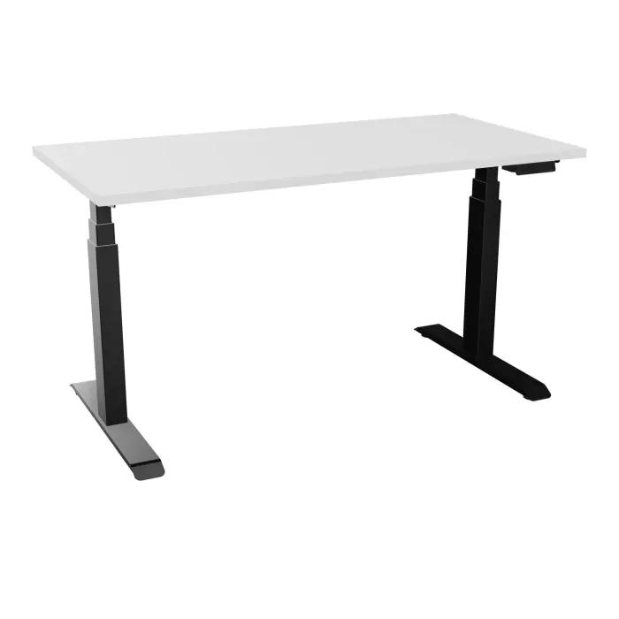 Bureau rectangulaire ERIN L. 140 x P. 70 cm x Ep 25 mm mélamine blanc neige piètements I motorisés réglables en haut avec boîtier de cde memoires de position + USB A+C finition métal lisse noir - version EU