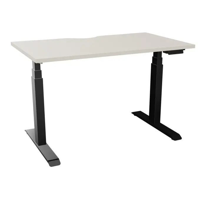 Bureau rectangulaire ERIN L. 120 x P. 70 cm x Ep 25 mm avec échancrure mélamine lin piètements I motorisés réglables en haut avec boîtier de cde memoires de position + USB A+C finition métal lisse noir - versio