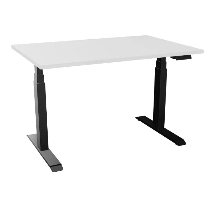 Bureau rectangulaire ERIN L. 120 x P. 80 cm x Ep 25 mm mélamine blanc neige piètements I motorisés réglables en haut avec boîtier de cde memoires de position + USB A+C finition métal lisse noir - version EU