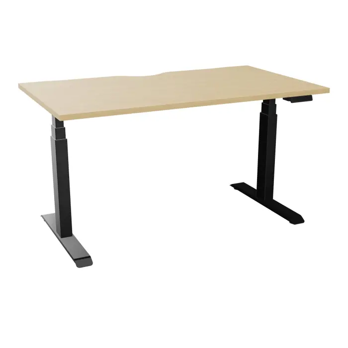 Bureau rectangulaire ERIN L. 140 x P. 80 cm x Ep 25 mm avec échancrure mélamine Chêne naturel piètements I motorisés réglables en haut avec boîtier de cde memoires de position + USB A+C finition métal lisse noi