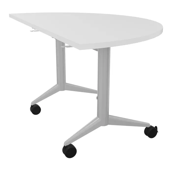 Table abattante Pure 1/2 lune L. 136 x P. 78 cm mélamine blanc neige - piétement métal lisse gris aluminium sur roulettes