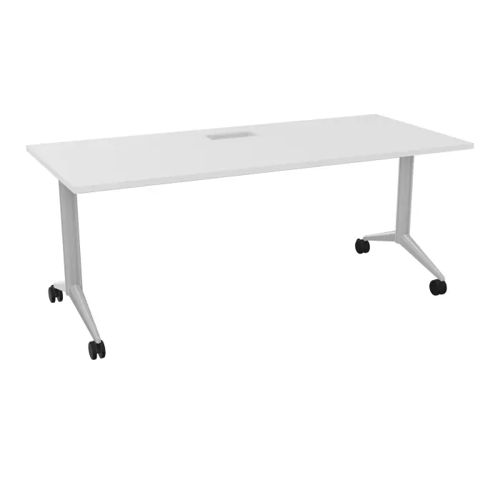 Table abattante Pure L. 180 cm x P. 80 cm découpe trappe mélamine blanc neige piètement métal lisse gris aluminium + goulotte