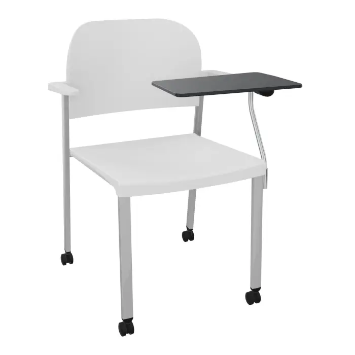 Chaise Romy assise et dossier polypropylène blanc avec accoudoirs et tablette noire à gauche sur 4 pieds roulettes métal gris aluminium