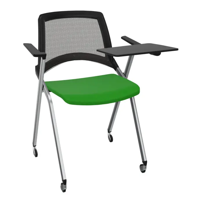 Chaise Emi dossier résille noire assise tissu Step bambou fixe avec accoudoirs tablette à gauche 4 pieds sur roulettes métal chromé