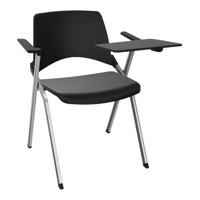 Chaise Emi dossier assise pivot polypropylène noir avec accoudoirs tablette à gauche 4 pieds métal chromé