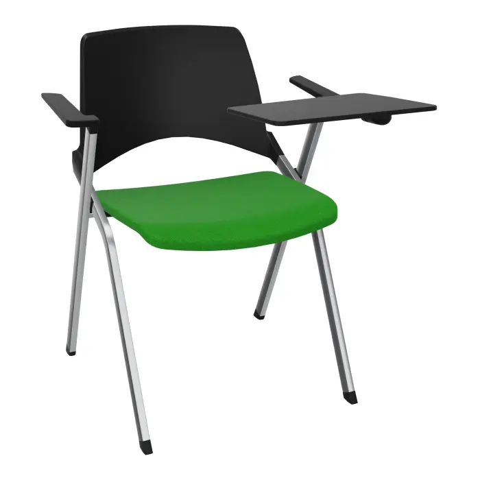 Chaise Emi dossier polypropylène noir assise tissu Step bambou pivot avec accoudoirs tablette à gauche 4 pieds métal chromé
