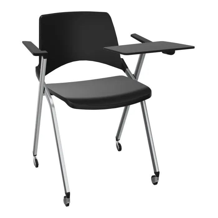 Chaise Emi dossier assise polypropylène noir pivot avec accoudoirs tablette à gauche 4 pieds sur roulettes métal chromé