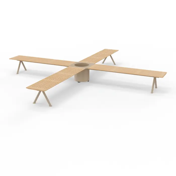 Banc avec jardinière jonction 4 bancs en X bouleau stratifié sur structure métallique