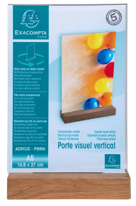 Porte-visuel avec socle en bois vertical A5 - Cristal