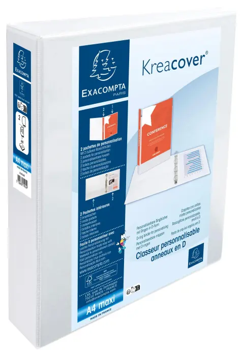 Classeur personnalisable rigide 2 poches KreaCover - 2 anneaux en D 50mm - A4 maxi - Blanc