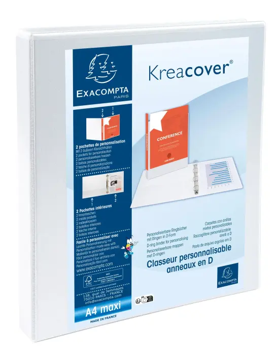 Classeur personnalisable rigide 2 poches KreaCover 2 anneaux en D 16mm - A4 maxi. - Blanc