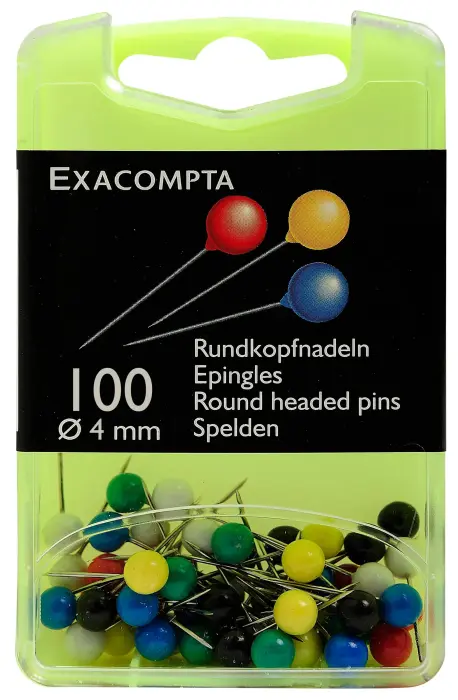 Boîte de 100 épingles sphériques - Hauteur de pointe 15mm - 4mm de diamètre - Couleurs assorties