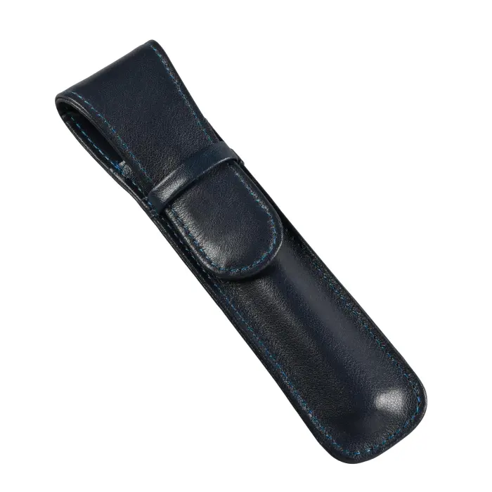 Quo Vadis - Etui stylo 1 place - Satiny - 16,5x5x1 cm - Cuir pleine fleur de vachette - Bleu Marine