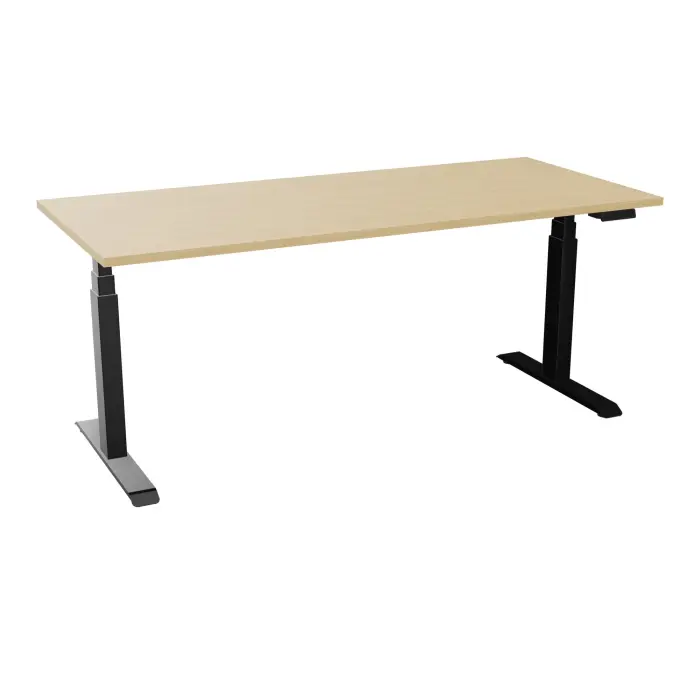 Bureau rectangulaire ERIN L. 180 x P. 80 cm x Ep 25 mm mélamine Chêne naturel piètements I motorisés réglables en haut avec boîtier de cde memoires de position + USB A+C finition métal lisse noir - version EU