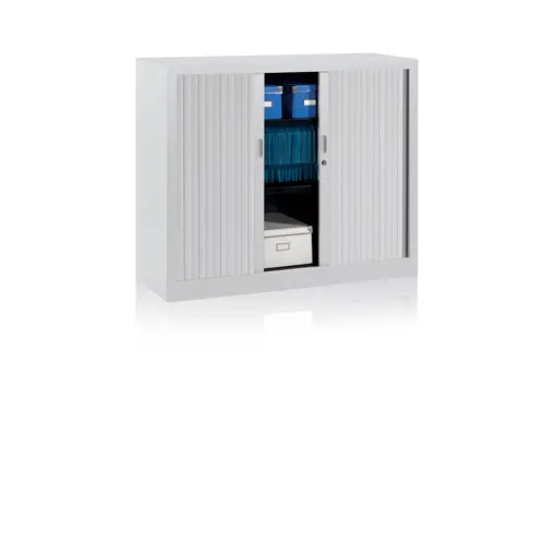 Armoire à rideaux H. 100 x L. 120 x P. 43 cm - corps gris - rideaux gris - équipée de 2 tablettes + 1