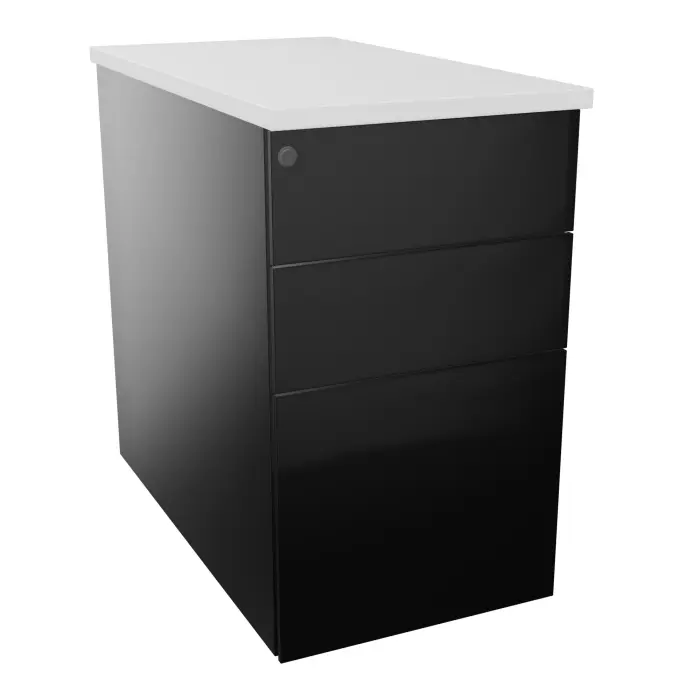 Caisson hauteur bureau métal lisse noir L. 43,2 x P. 80 x H. 73,5 cm 3 tiroirs dont 1 pour dossiers suspendus top ép. 25 mm mélamine blanc neige
