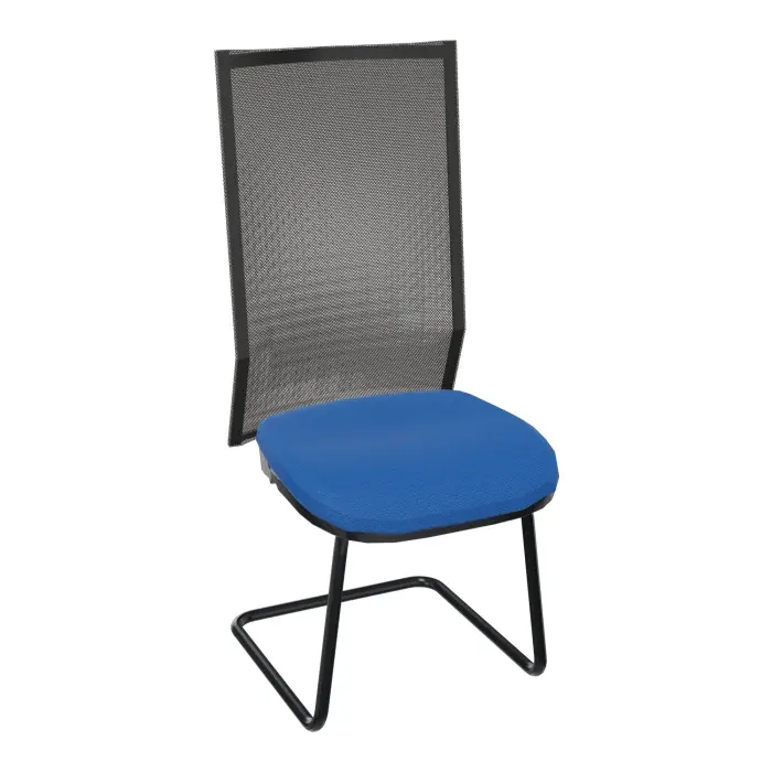 Siège visiteur piètement luge noir assise revêtement tissu Bali bleu électrique dossier résille noire