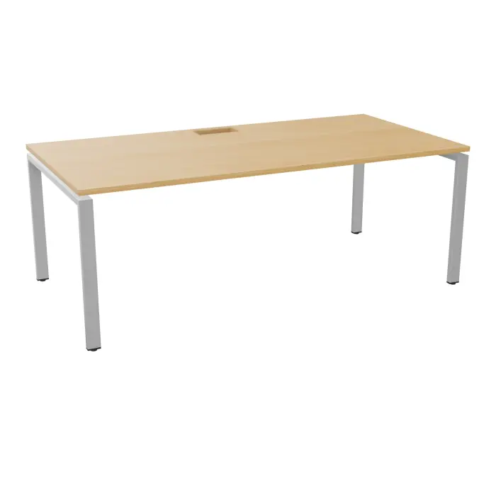 Bureau rectangulaire Rio H. 73,5 x L. 200 x P. 100 cm plateau percé pour trappe mélamine hêtre de honfleur  sur piètement métal lisse gris aluminium + goulotte