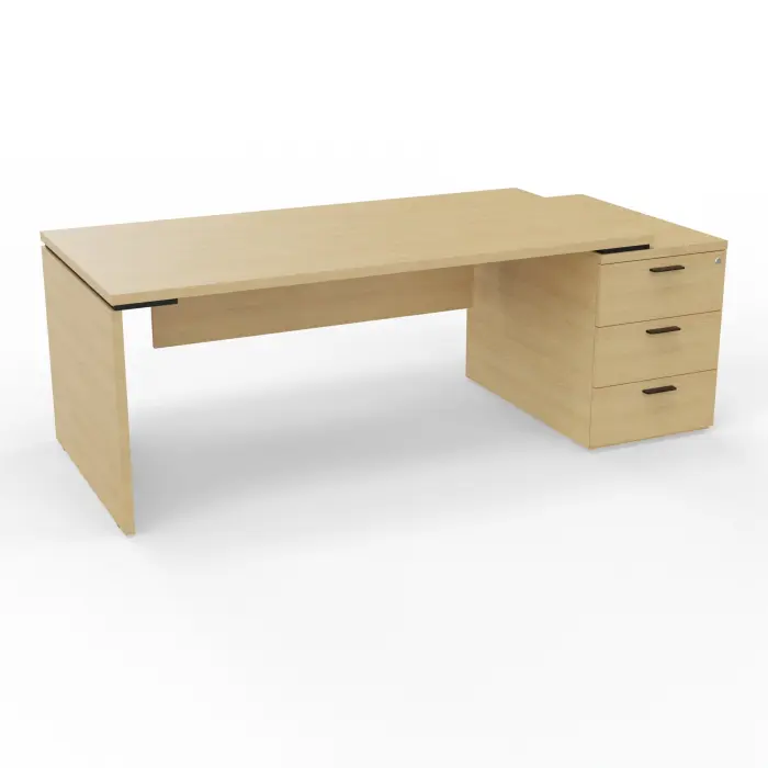 Bureau Kara rectangulaire L. 180 x P. 90cm mélamine Chêne naturel sur caisson porteur 3 tiroirs à droite