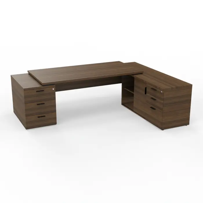 Bureau Kara rectangulaire L. 180 x P. 90cm mélamine noyer brun sur meuble de rangement porteur à droite et caisson porteur à gauche