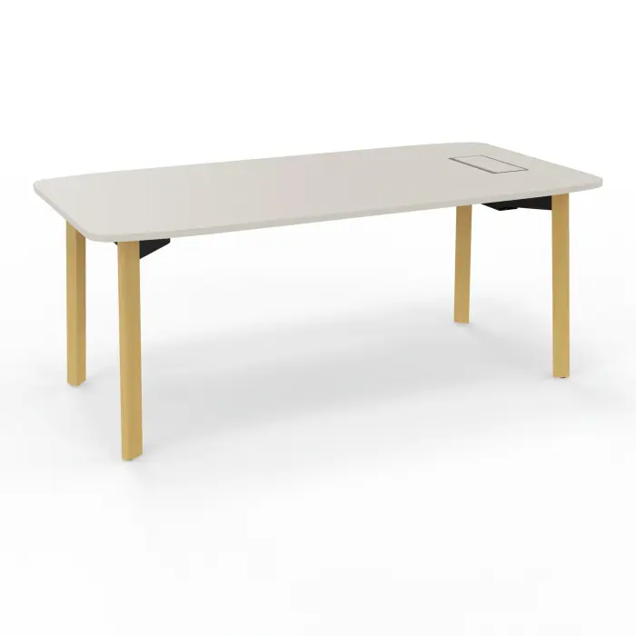 Bureau Karl rectangulaire L. 180 cm x P. 90 cm plateau percé trappe droite ou gauche mélamine lin pietement bois hêtre massif vernis/ métal lisse blanc nacré
