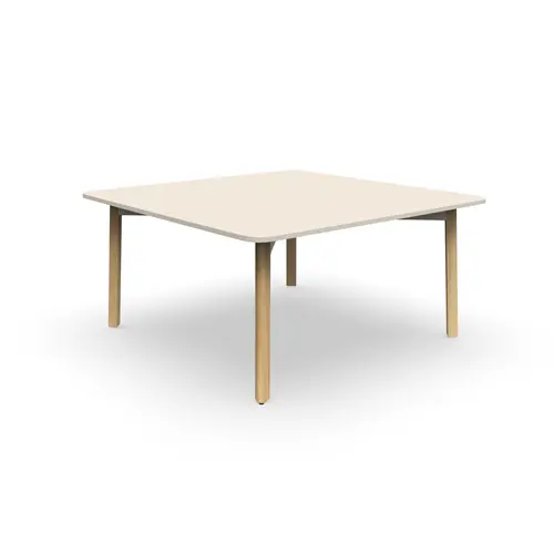 Table de réunion carrée Karl L. 150 cm x P. 150 cm plateau nu mélamine lin pietement bois hêtre massif vernis/ métal lisse blanc nacré