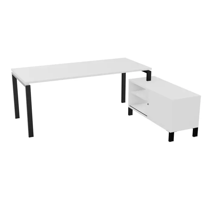 Bureau Rio avec meuble retour porteur à droite simple accès L. 198 cm x P. 168 cm mélamine blanc neige plateau L. 180 cm x P. 80 cm percé pour obturateur mélamine blanc neige piètement arche métal lisse noir