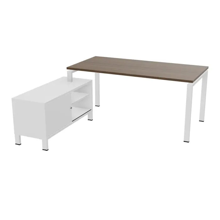 Bureau Rio avec meuble retour porteur à gauche simple accès L. 178 cm x P. 168 cm mélamine blanc neige plateau L. 160 cm x P. 80 cm percé pour obturateur mélamine noyer brun piètement arche métal lisse blanc