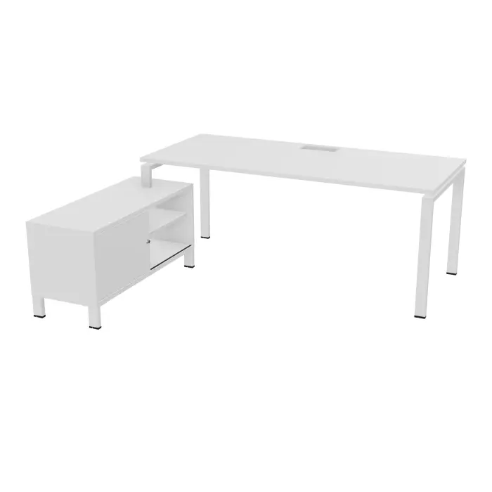 Bureau Rio avec meuble retour porteur à gauche simple accès L. 198 cm x P. 168 cm mélamine blanc neige plateau L. 180 cm x P. 80 cm percé pour trappe frontale mélamine blanc neige piètement arche métal lisse bl