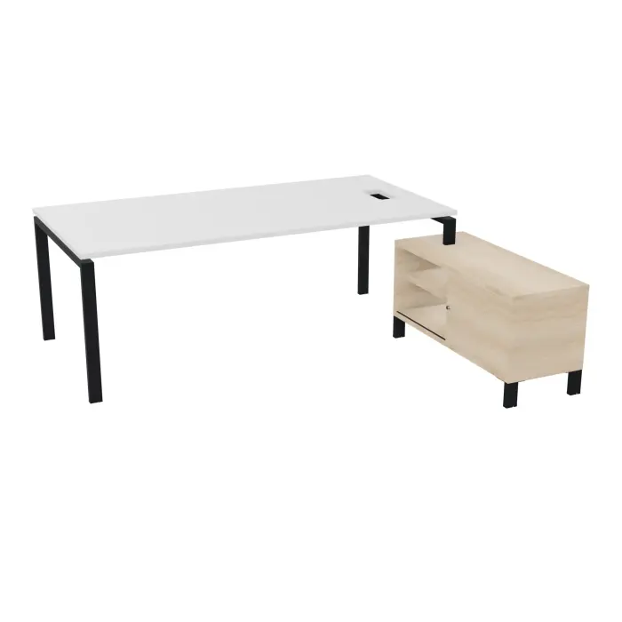 Bureau Rio avec meuble retour porteur à droite simple accès L. 218 cm x P. 188 cm mélamine acacia de lakeland plateau L. 200 cm x P. 100 cm percé pour trappe latérale mélamine blanc neige + goulotte piètement a