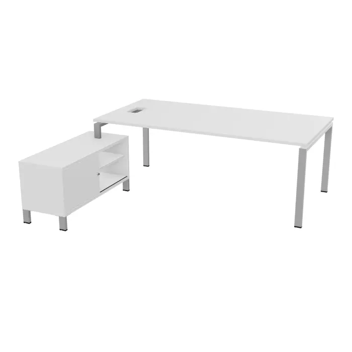 Bureau Rio avec meuble retour porteur à gauche simple accès L. 218 cm x P. 188 cm mélamine blanc neige plateau L. 200 cm x P. 100 cm percé pour trappe latérale mélamine blanc neige piètement arche métal lisse g