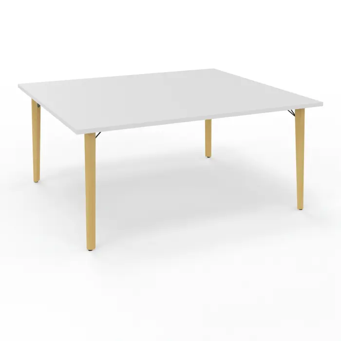 Robin table départ monoplateau L. 160 cm x P. 142 cm mélamine blanc neige pré-percé 4 obturateurs 4 pieds métal lisse noir/bois hêtre massif vernis