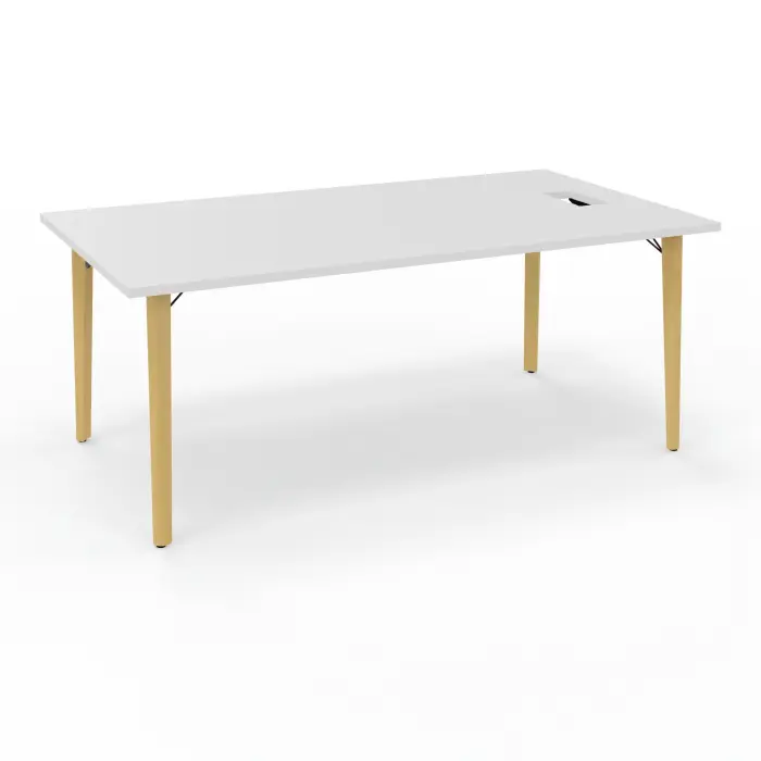 Robin bureau L. 180 cm x P. 100 plateau pré-percé pour trappe latérale simple accès mélamine blanc neige pieds métal lisse noir/bois hêtre massif vernis + goulotte