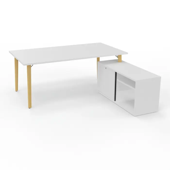 Robin bureau avec retour rangement porteur L. 120 cm x l. 56 cm x P. 43,2xm mélamine blanc neige plateau L. 180 cm x P. 100 pré-percé pour obturateur mélamine blanc neige pieds métal lisse noir