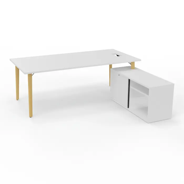 Robin bureau avec retour rangement porteur L. 120 cm x l. 56 cm x P. 43,2xm mélamine blanc neige plateau L. 200 cm x P. 100 percé pour trappe mélamine blanc neige pieds métal lisse noir