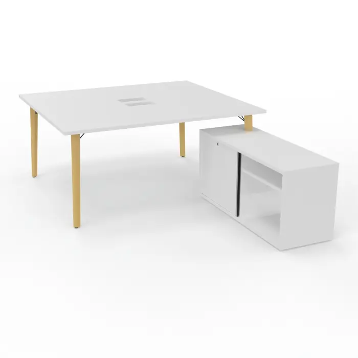 Robin bureau avec retour rangement porteur L. 120 cm x l. 56 cm x P. 43,2xm mélamine blanc neige plateau L. 160 cm x P. 142 percé pour trappe mélamine blanc neige pieds métal lisse noir