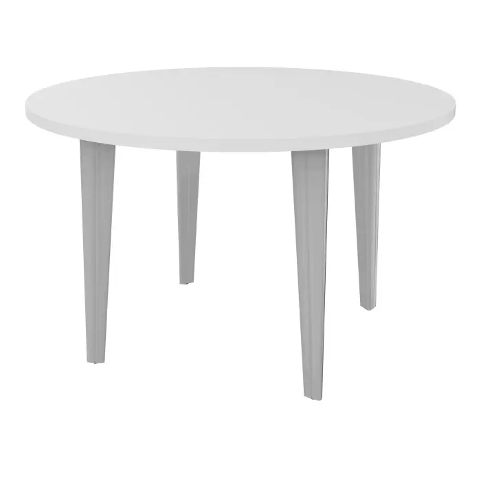 Table de réunion ronde 4Line diamètre 120 cm décor blanc neige sur 4 pieds fixes finition gris aluminium