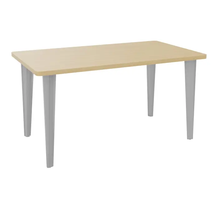 Table de bureau rectangulaire L140xP80 bords arrondis pré percés pour 2 obturateurs Chêne naturel élement départ sur piètement fixe éléctrifiable métal lisse gris aluminium