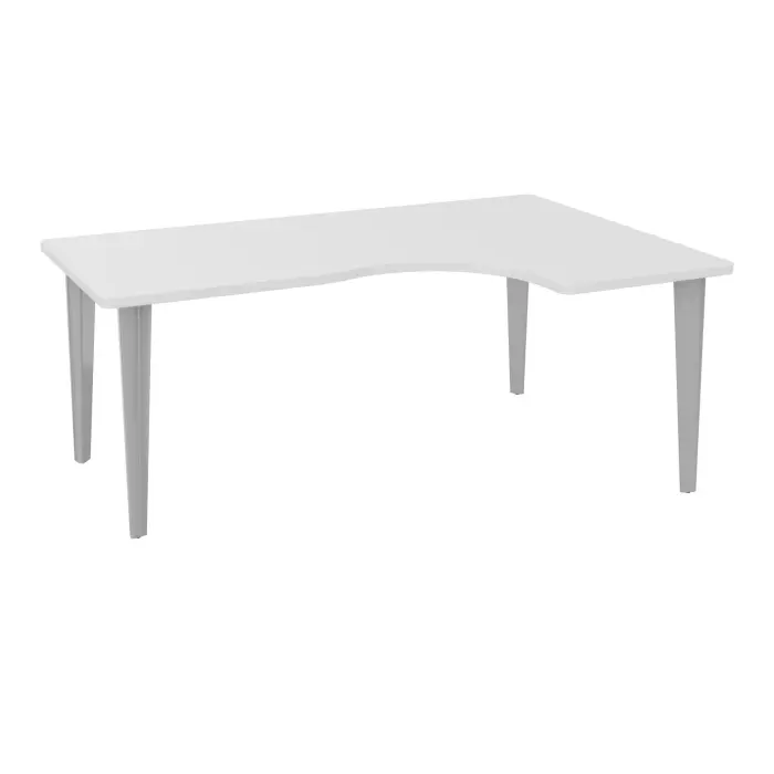 Table de bureau compact asymétriques 90° L180xP120 RT60 pré percés pour 2 obturateurs décor mélamine blanc neige - élément départ retour à droite sur piètement fixe métal lisse gris aluminium