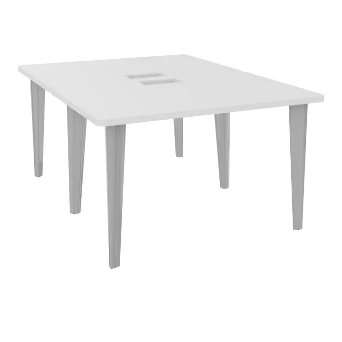Table de 2 bureaux rectangulaires L120xP160 percés pour trappe décor mélamine blanc neige sur piètement fixe dont 2 éléctrifiables métal lisse gris aluminium + goulotte métallique