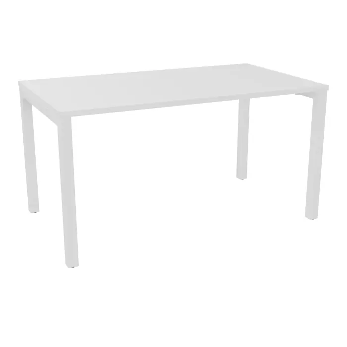 Bureau rectangle Arial L. 140 cm x P 80 cm ep. 25mm prépercé pour obturateurs mélamine blanc neige pied carré arche fixe métal lisse blanc