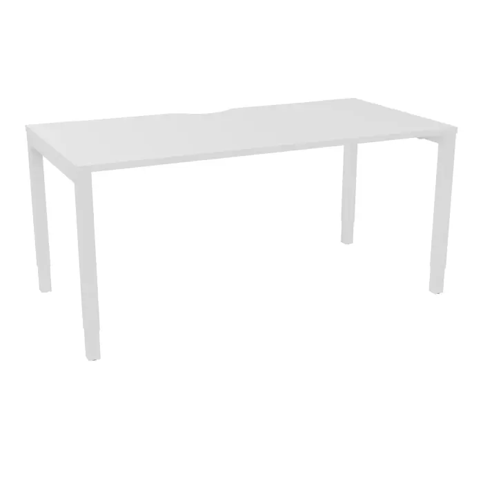 Bureau rectangulaire Arial L. 160 cm x P. 80 cm avec échancrure EP25mm mélamine blanc neige pied arche carré réglable en hauteur métal lisse blanc