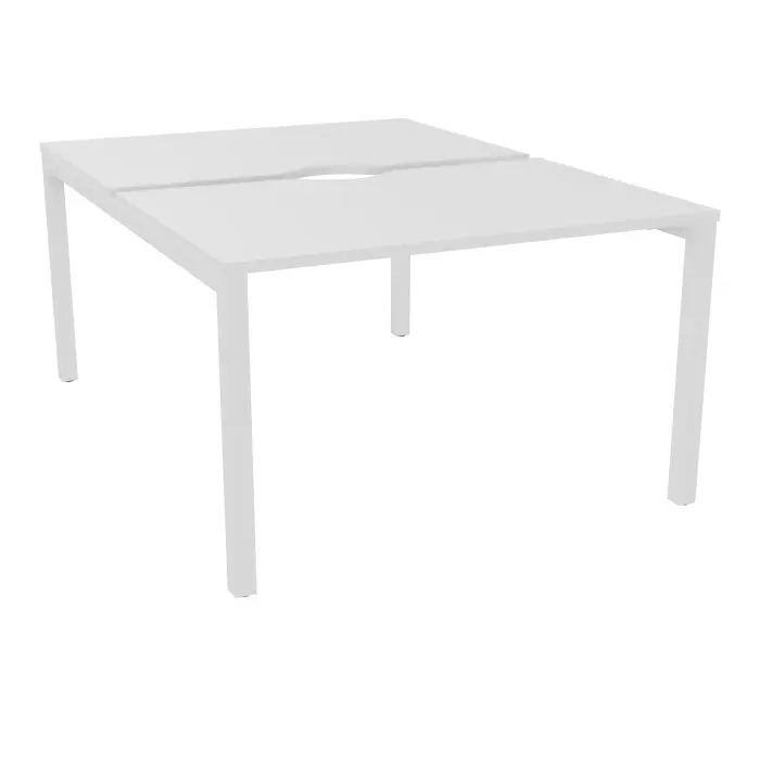 Bureau départ Arial bench L. 120 cm x P. 80 cm avec échancrure ép.25mm mélamine blanc neige pied arche carrée fixe métal lisse blanc