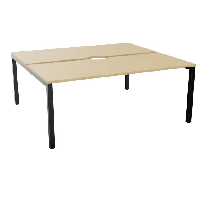 Bureau départ Arial bench L. 180 cm x P. 80 cm avec échancrure ép.25mm mélamine Chêne naturel pied arche carrée fixe métal lisse noir